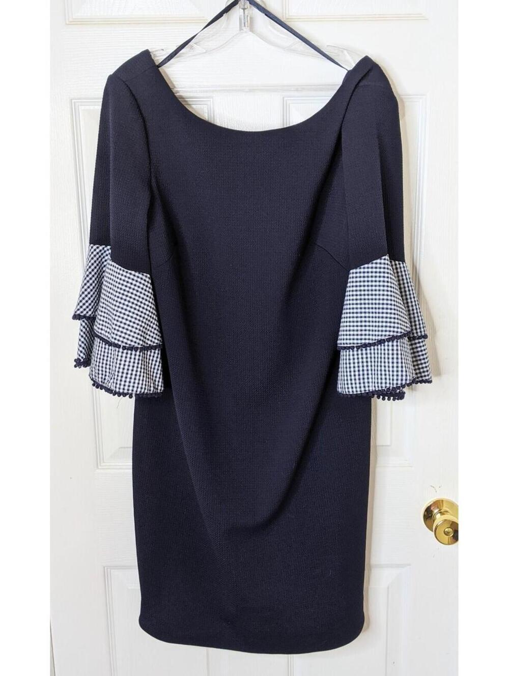 J. Howard Navy Blue Textured Shirt Dress Gingham Tiered Bell Sleeves Size 14